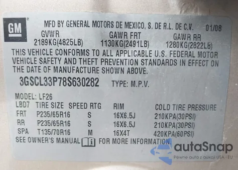 2008 Saturn Vue 4-Cyl Xe из США, поврежденный, VIN 3GSCL33P78S630282